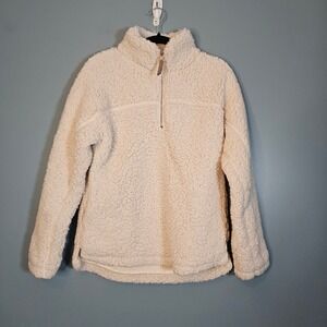 ELODIE Sherpa Fleece Quarter Zip Pullover Cream Cozy Soft Casual Women's Small